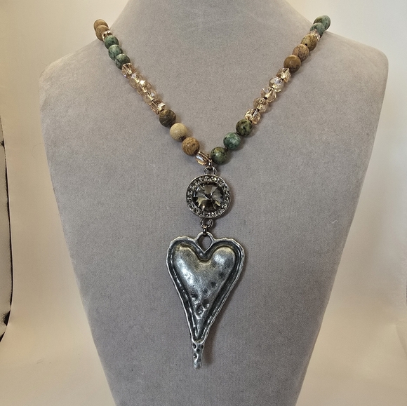 Green/Brown, Gold Beaded Long Necklace With Hammered Metal Heart - Picture 1 of 6